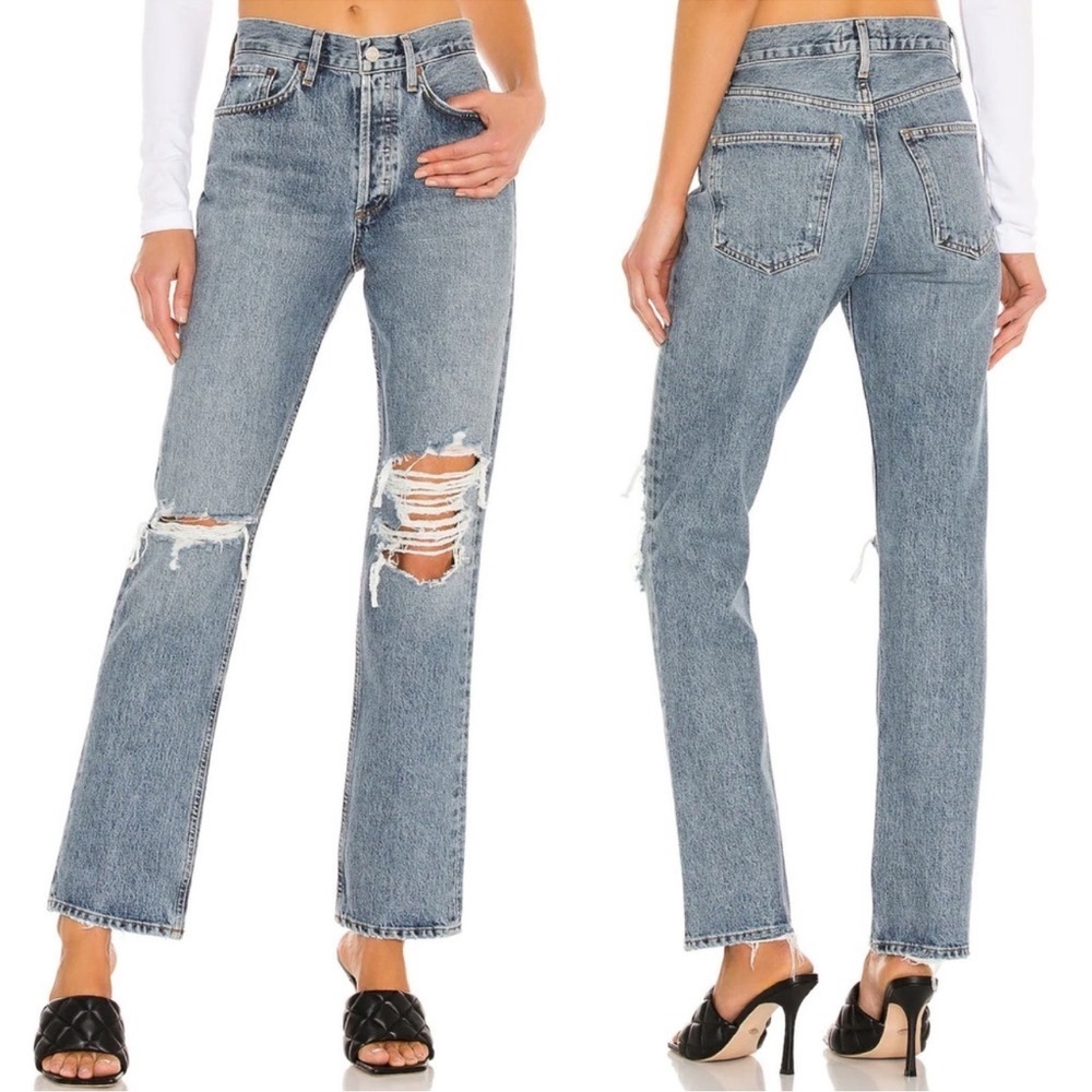 Agolde Light Blue Distressed Straight Leg Jeans